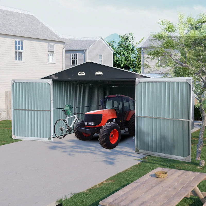 Outdoor Storage Shed Metal Garage Shed For Car, Bike, Lawnmower Backyard Tool House Building 2 Doors And 4 Vents - Black by HouseOfZazla