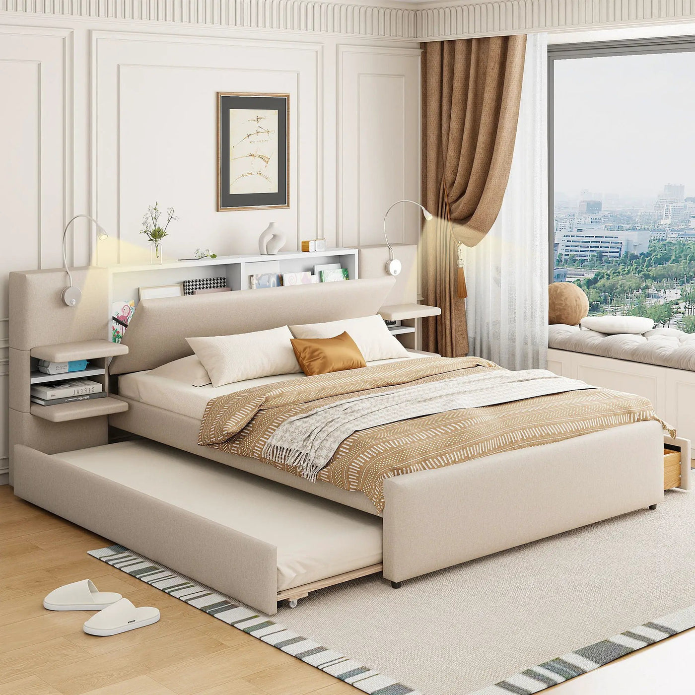 Upholstered Platform Bed With Reading Lights, Drawers, Trundle And Shelves by Unique Piece Furniture