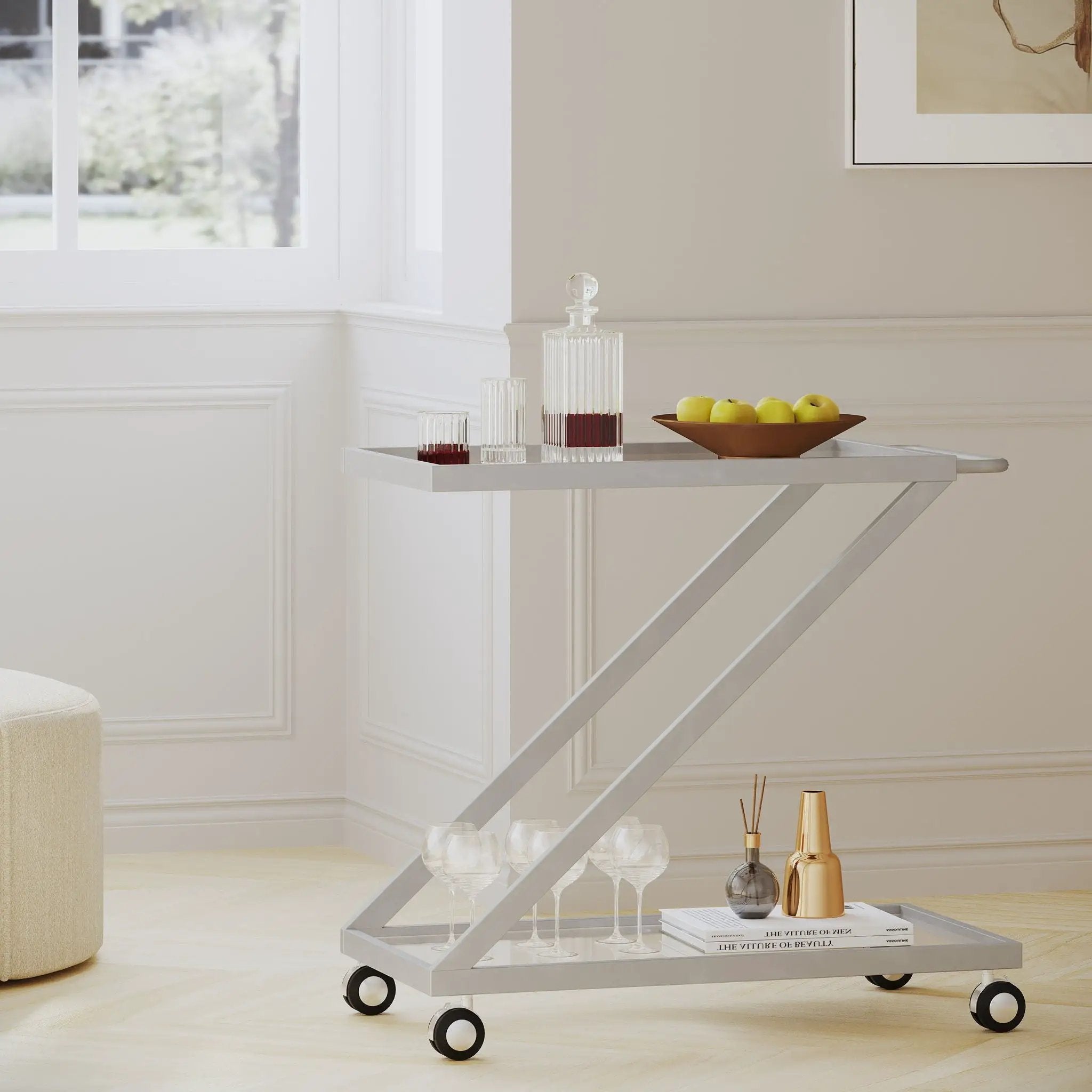 Modern Z Shaped Bar Cart With Tempered Glass Shelves - Silver by HouseOfZazla