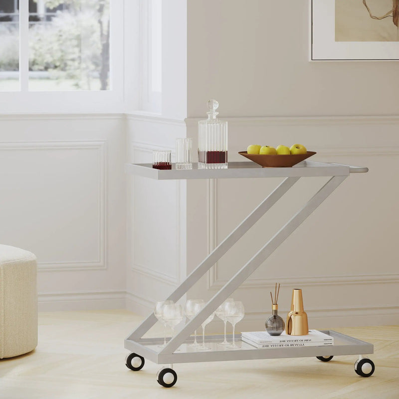 Modern Z Shaped Bar Cart With Tempered Glass Shelves - Silver by HouseOfZazla