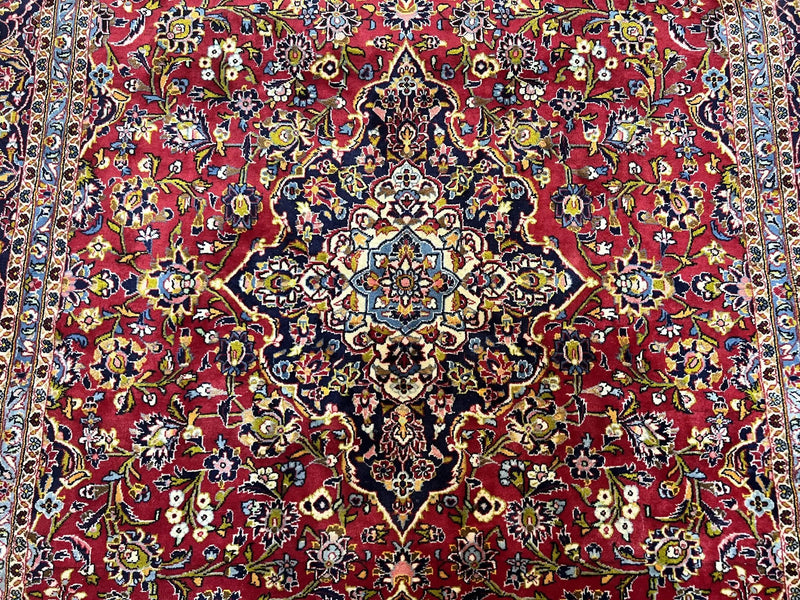 Persian Kashan Rug 9x12, Red Navy Blue, Allover Floral Medallion & Corner Design, Handmade Wool Oriental Carpet, Semi Antique Traditional Carpet by Jewel Rugs