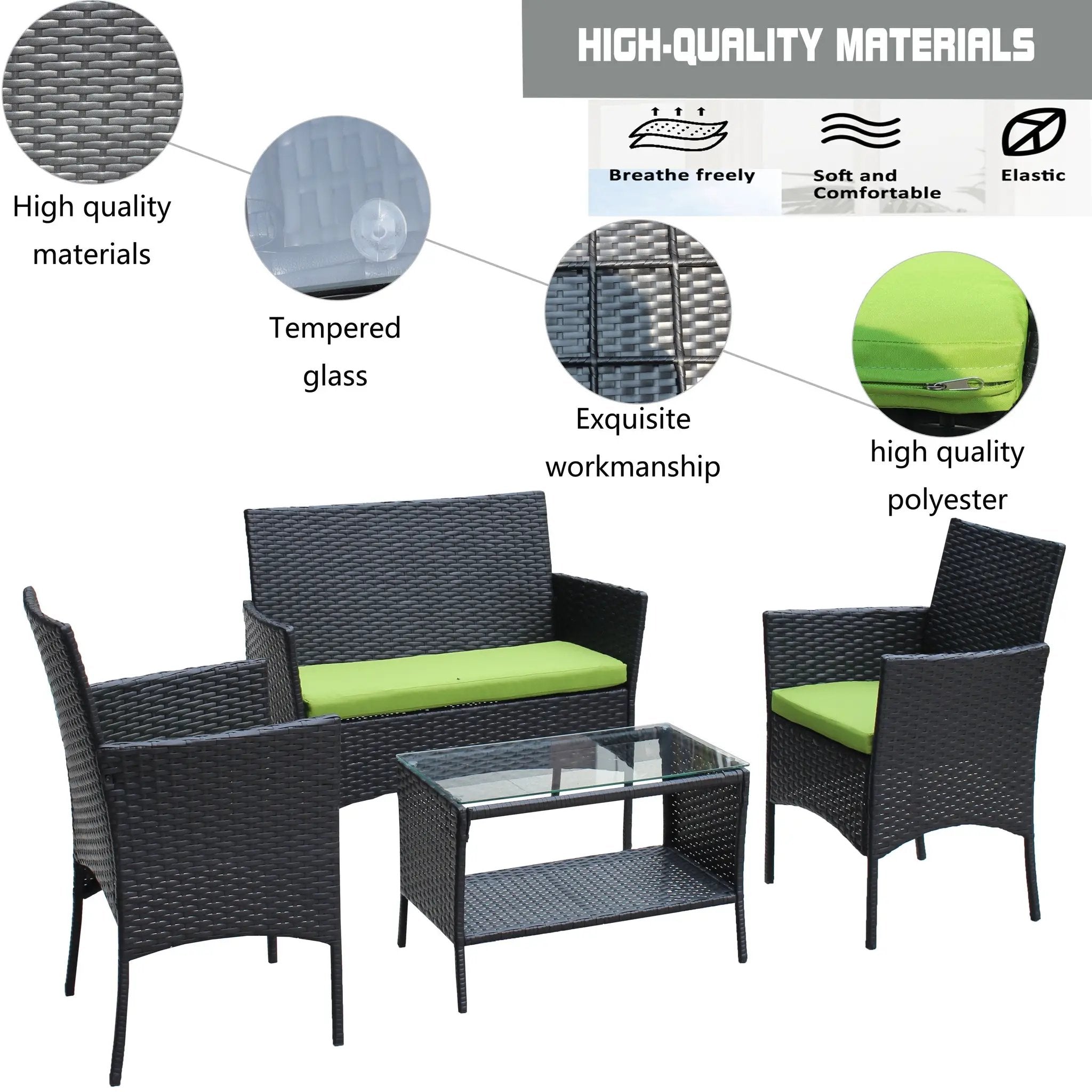 4 PC Rattan Patio Furniture Set Outdoor Cushioned Wicker Sofa Green Cushion by HouseOfZazla