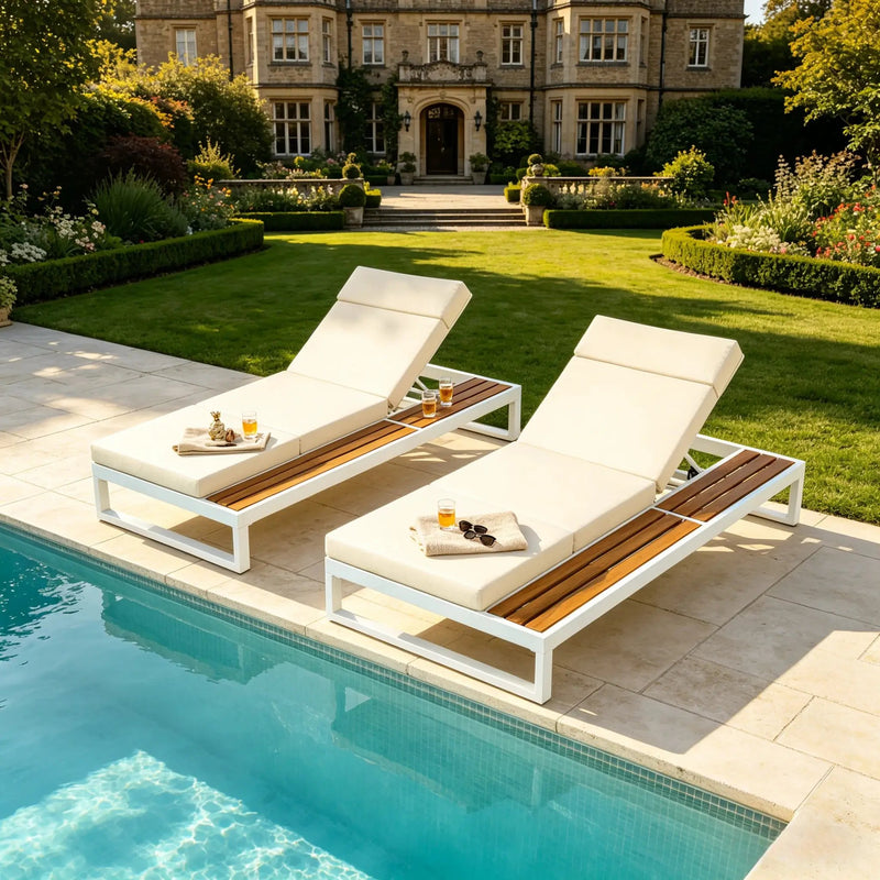 White Iron & Teak Finish Chaise Lounge Set: 1 Frame + 1 4-Fold by HouseOfZazla