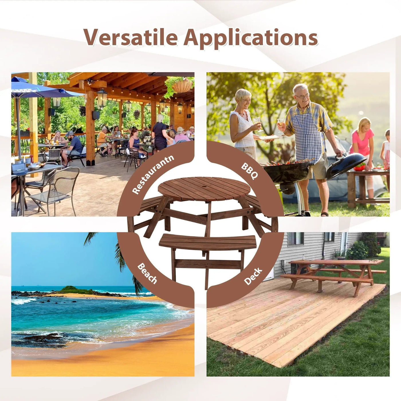 6 Person Circular Outdoor Wooden Picnic Table For Patio, Backyard, Garden, Diy With 3 Built-In Benches, 1720Lb Capacity by Unique Piece Furniture