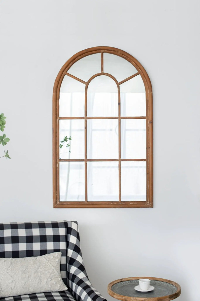 Large Arched Accent Mirror With Frame With Decorative Window Look Classic Architecture Style Solid Fir Wood Interior Decor - Brown by Unique Piece Furniture