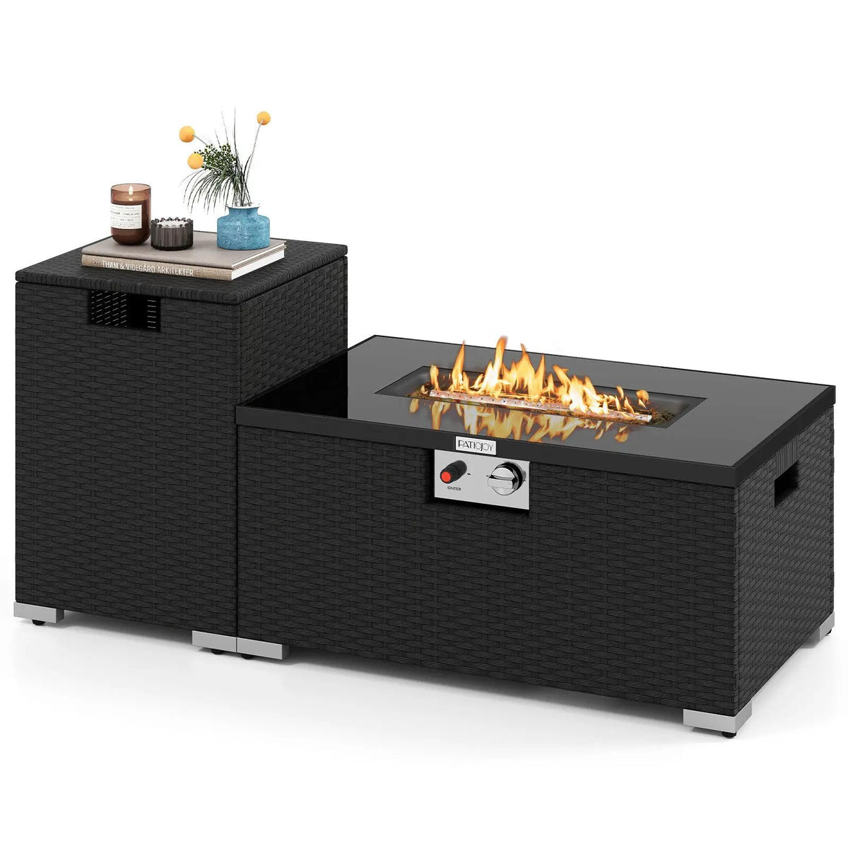 2-Piece Outdoor Rattan Fire Table Set 32 Inch Rectangle Gas Firepit with Tank Cover, photo 9 of 24
