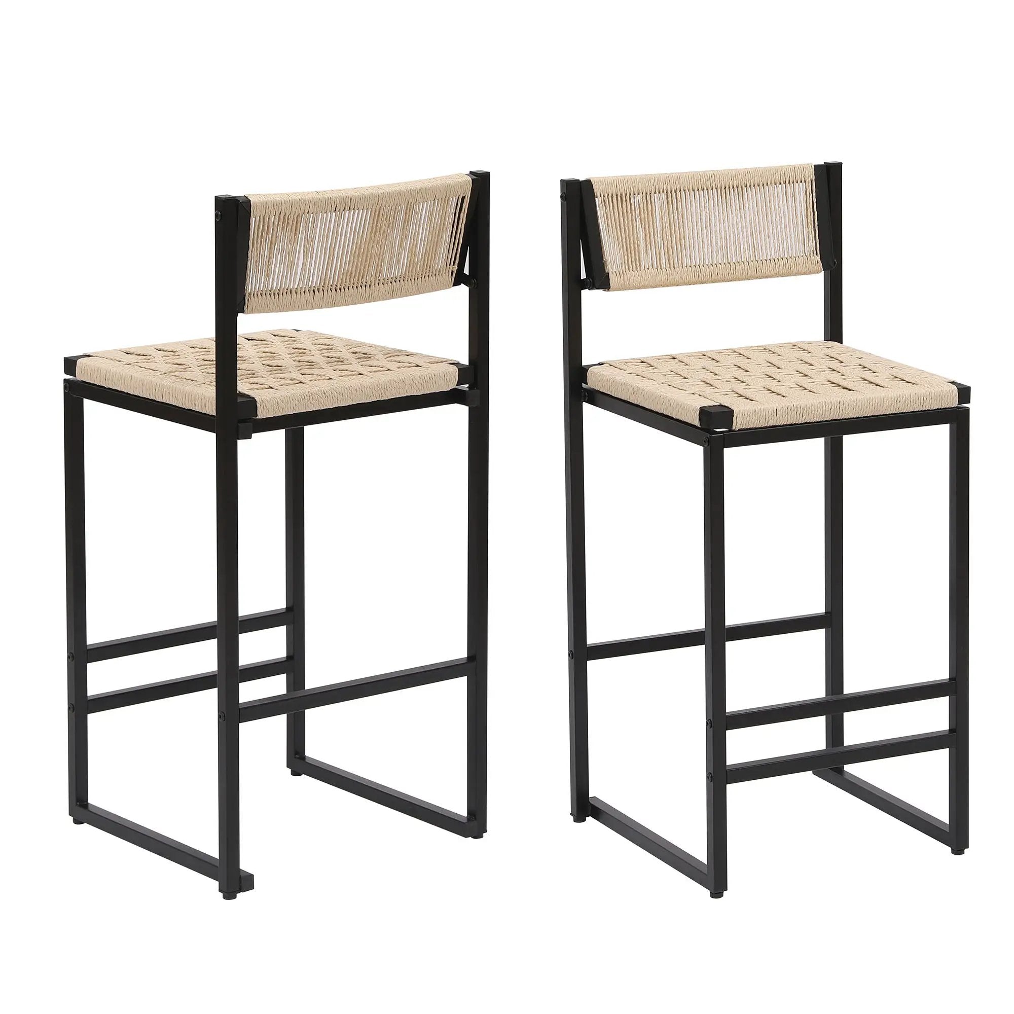 Style B, Woven Bar Stools With Backrest, Paper Rope Weave Dining Chairs For Kitchen Island - Creamy White by HouseOfZazla