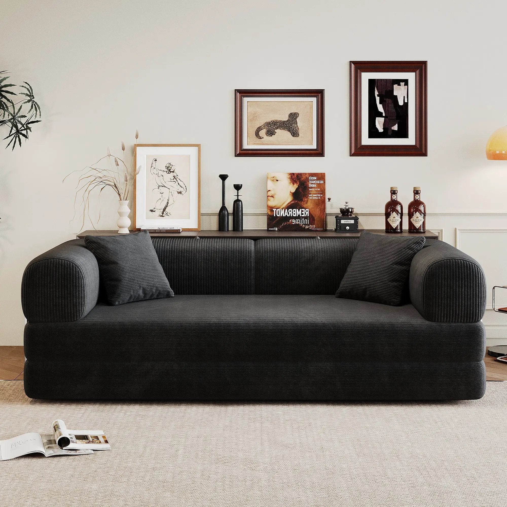 78.8' Compression Sofa,Convertible Floor Sofa Bed-with Pillow Back Support Armrest,Comfy Futon Couch Sleeper Bed,Loveseats Boneless Modular Sectional Sofa,Corduroy fabric,for Living Room,Bedroom,Black by HouseOfZazla