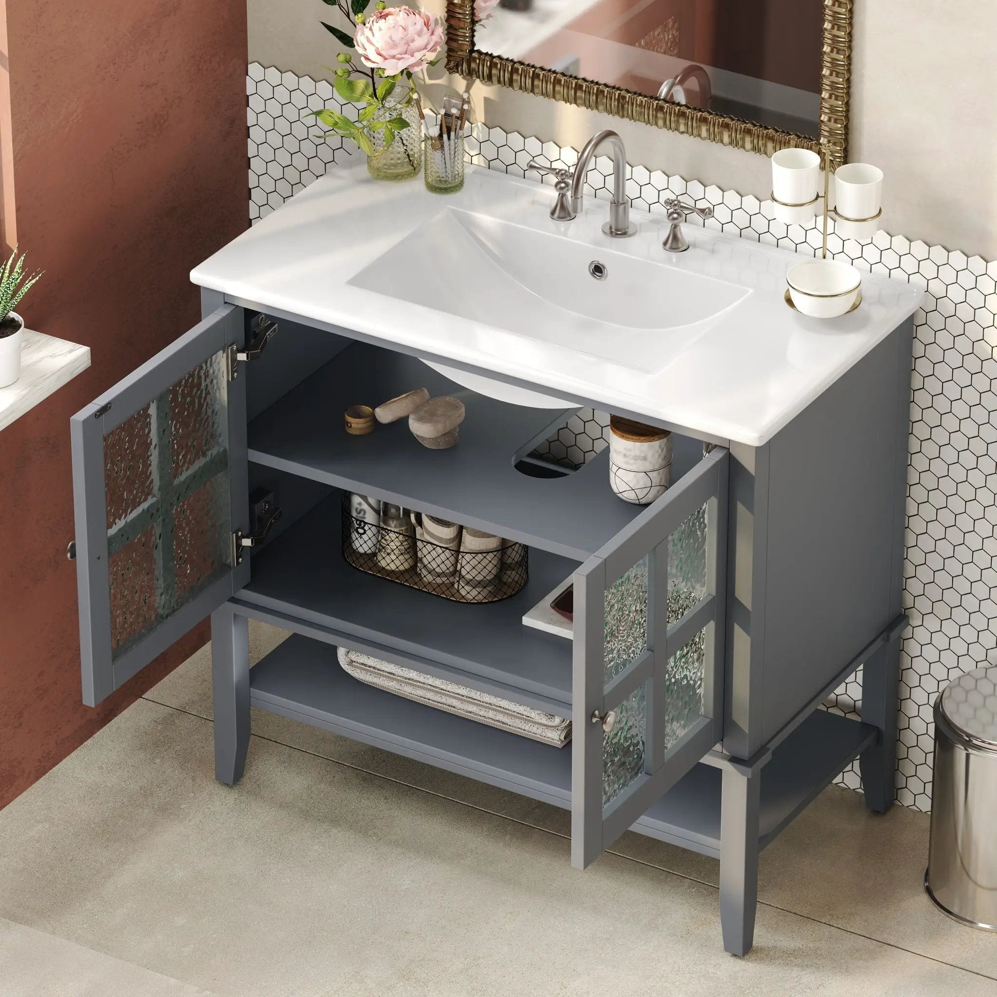 Bathroom Vanity With Ceramic Sink, Adjustable & Open Shelf by HouseOfZazla