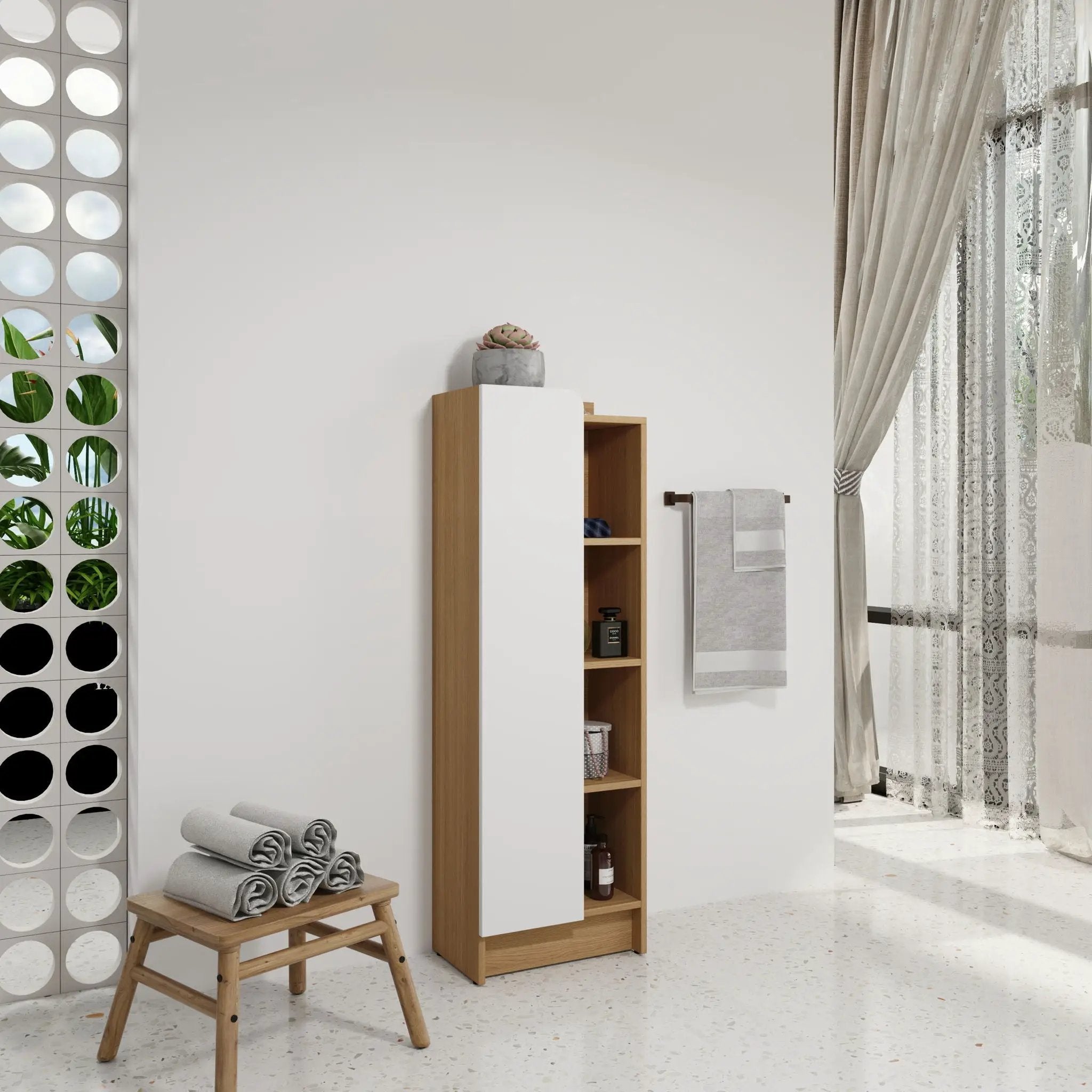 Tall Freestanding Bathroom Side Cabinet With Single Door & 4 Tier Open Shelves - Black / Light Oak / White by HouseOfZazla