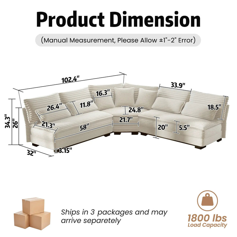5 Seater L Shaped Sectional Sofa With Curved Corner, 7 Pillows by Unique Piece Furniture