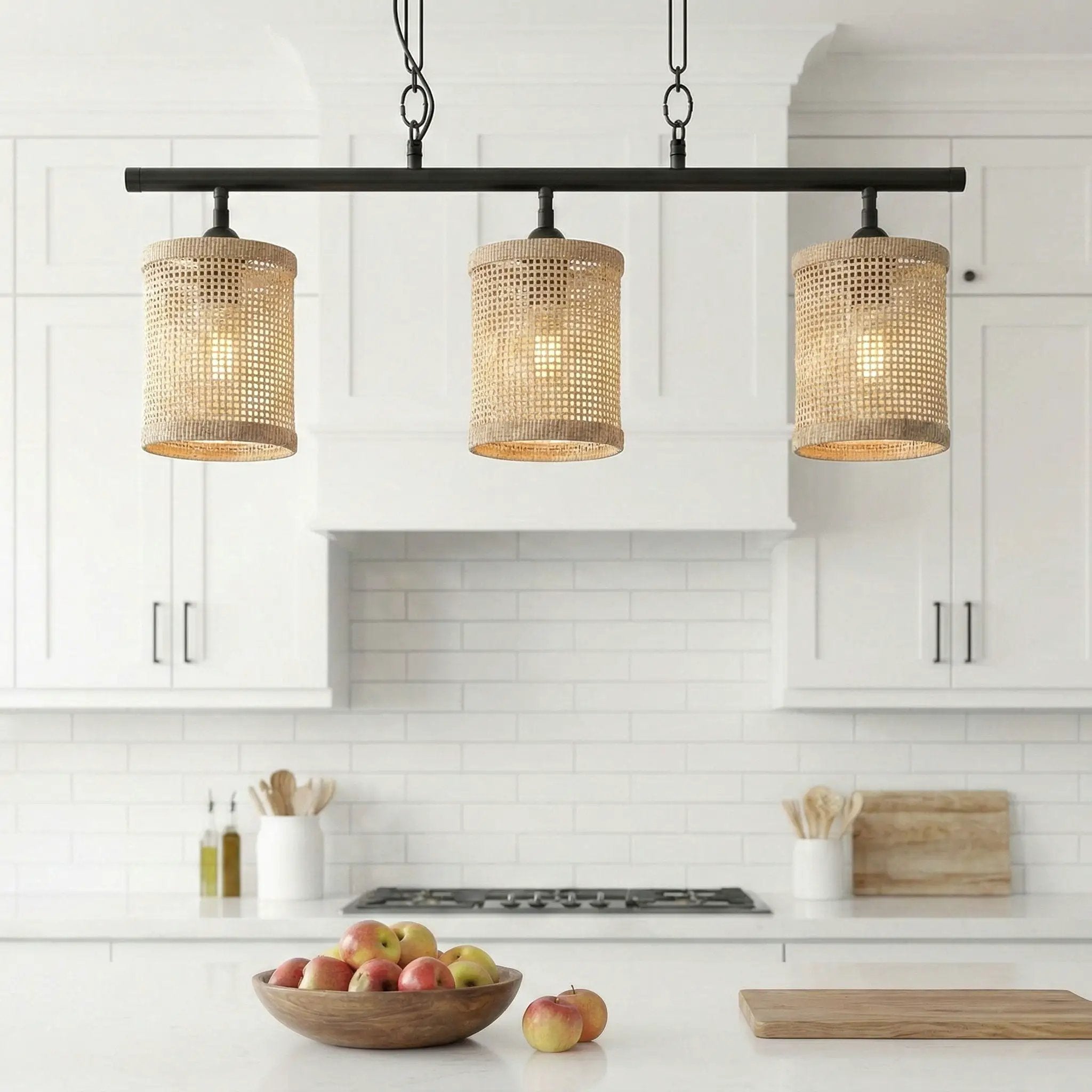 Elysian - 3 Lights Island With Natural Shade Farmhouse Chain Ceiling Lamp - Black / Rattan by Unique Piece Furniture