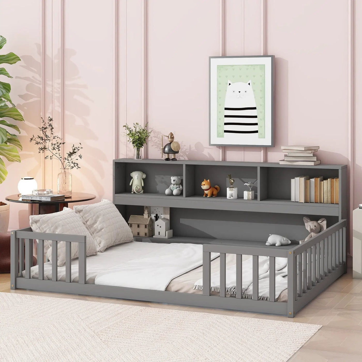 Floor Bed With Side Bookcase, Shelves, Guardrails by Unique Piece Furniture