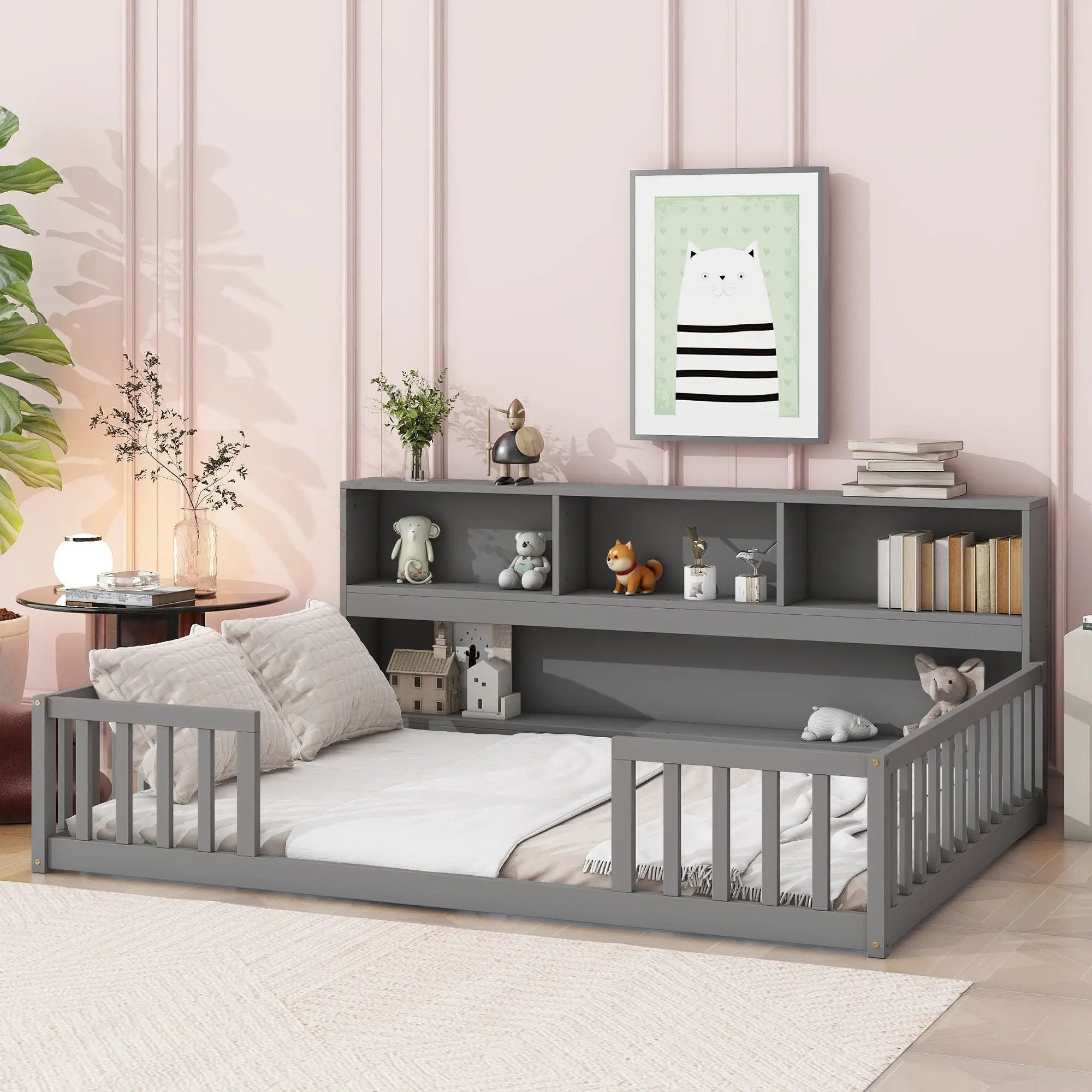 Floor Bed With Side Bookcase, Shelves, Guardrails by HouseOfZazla
