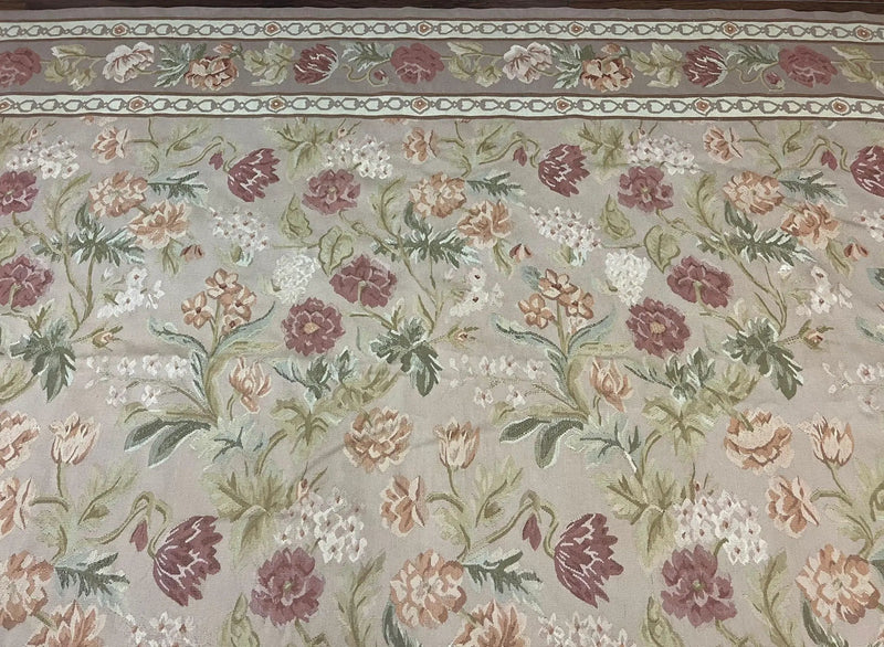 Aubusson Rug 9x12, Pink Beige Light Mauve, Handmade Allover Floral Roses, Wool Flatweave Carpet 9 x 12 ft, European French Design, Elegant by Jewel Rugs