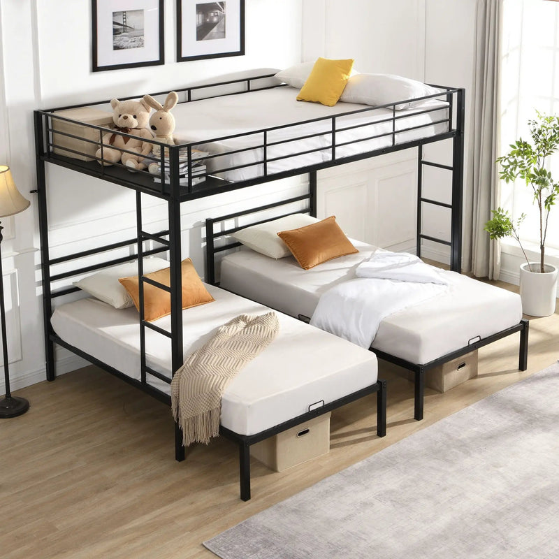 Modern Metal Triple Bunk Bed With Vertical Ladder, Safety Rail, And Storage Shelf - Black by HouseOfZazla