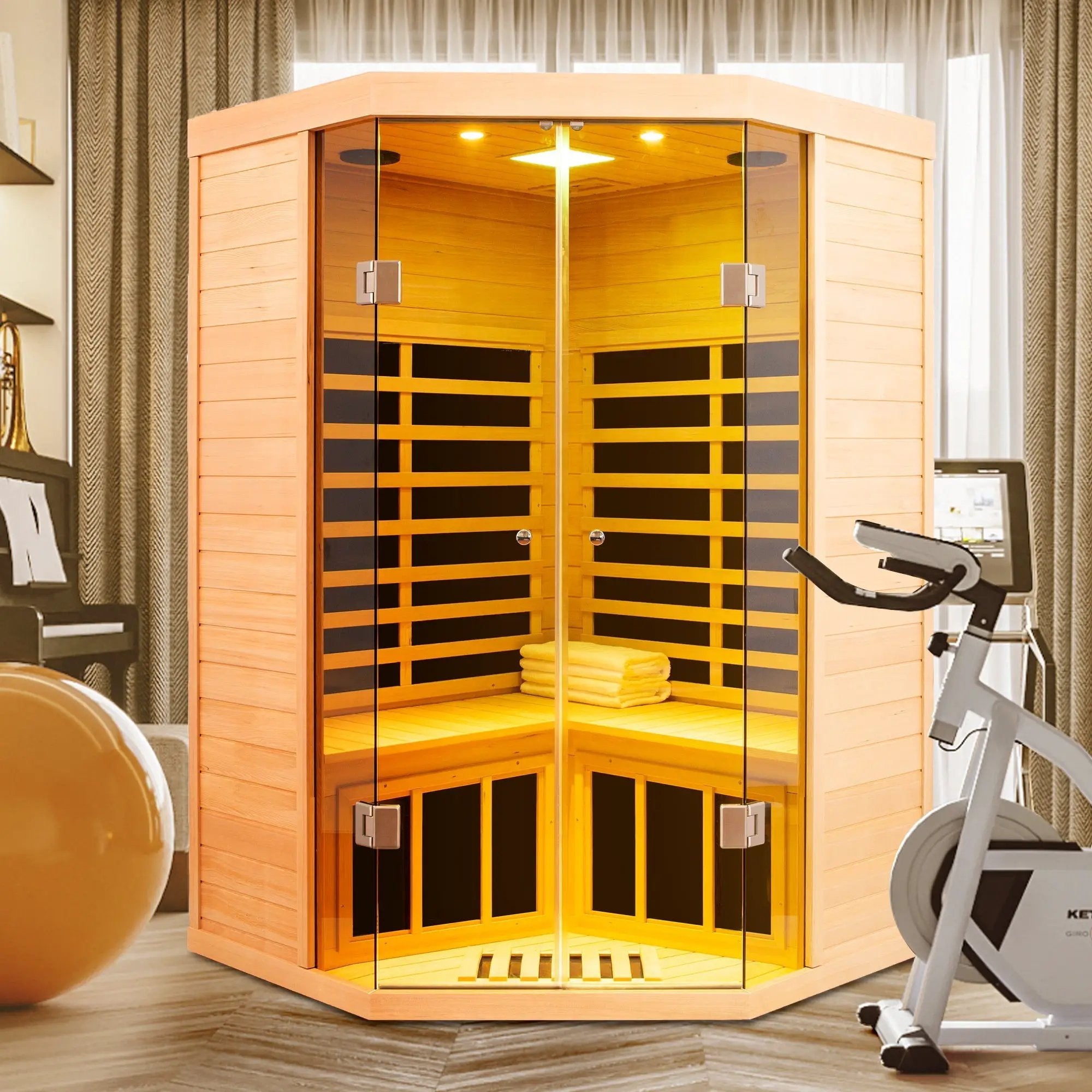 Deluxe Hemlock Far Infrared Corner Sauna Room with Glass Front for Two Persons by HouseOfZazla