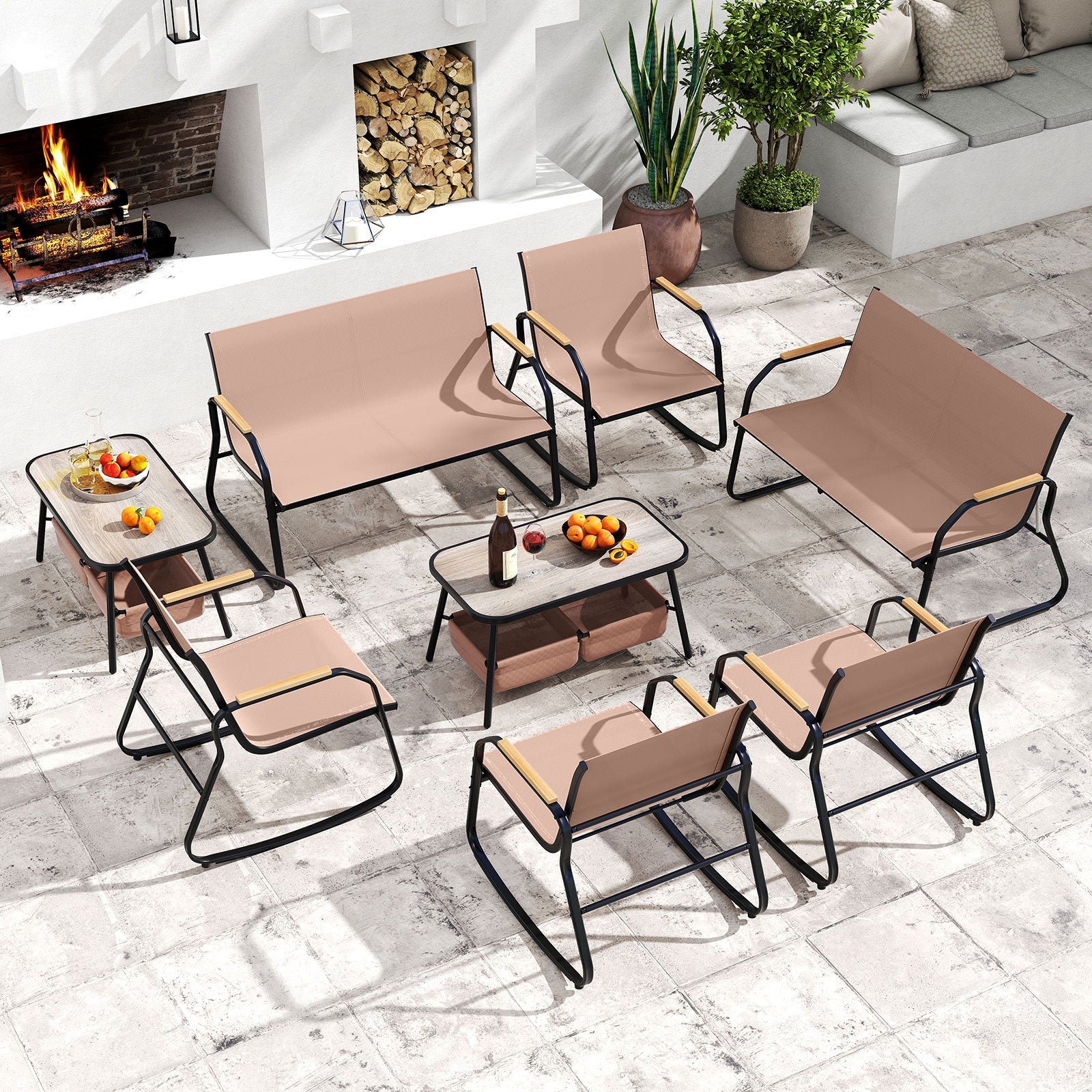 4 Pieces Patio Furniture Set with Rocking Bistro Chairs and Breathable Mesh Fabric-Coffee by DirectDeals