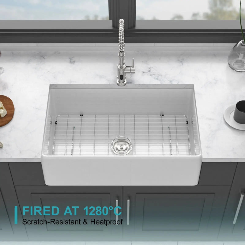 Ceramic Farmhouse Sink With Deep Basin And Stainless Steel Grid by HouseOfZazla