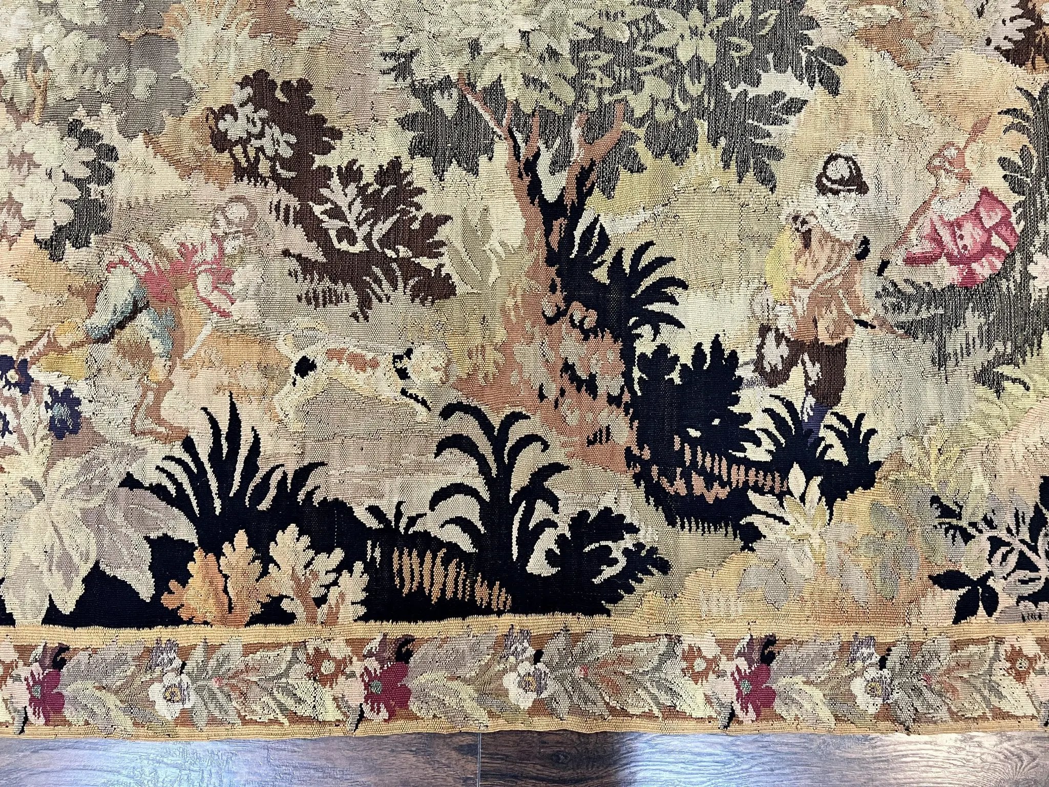 Antique French Tapestry 6x5 ft, European Handmade Wool Aubusson Weave Vintage Tapestry by Jewel Rugs