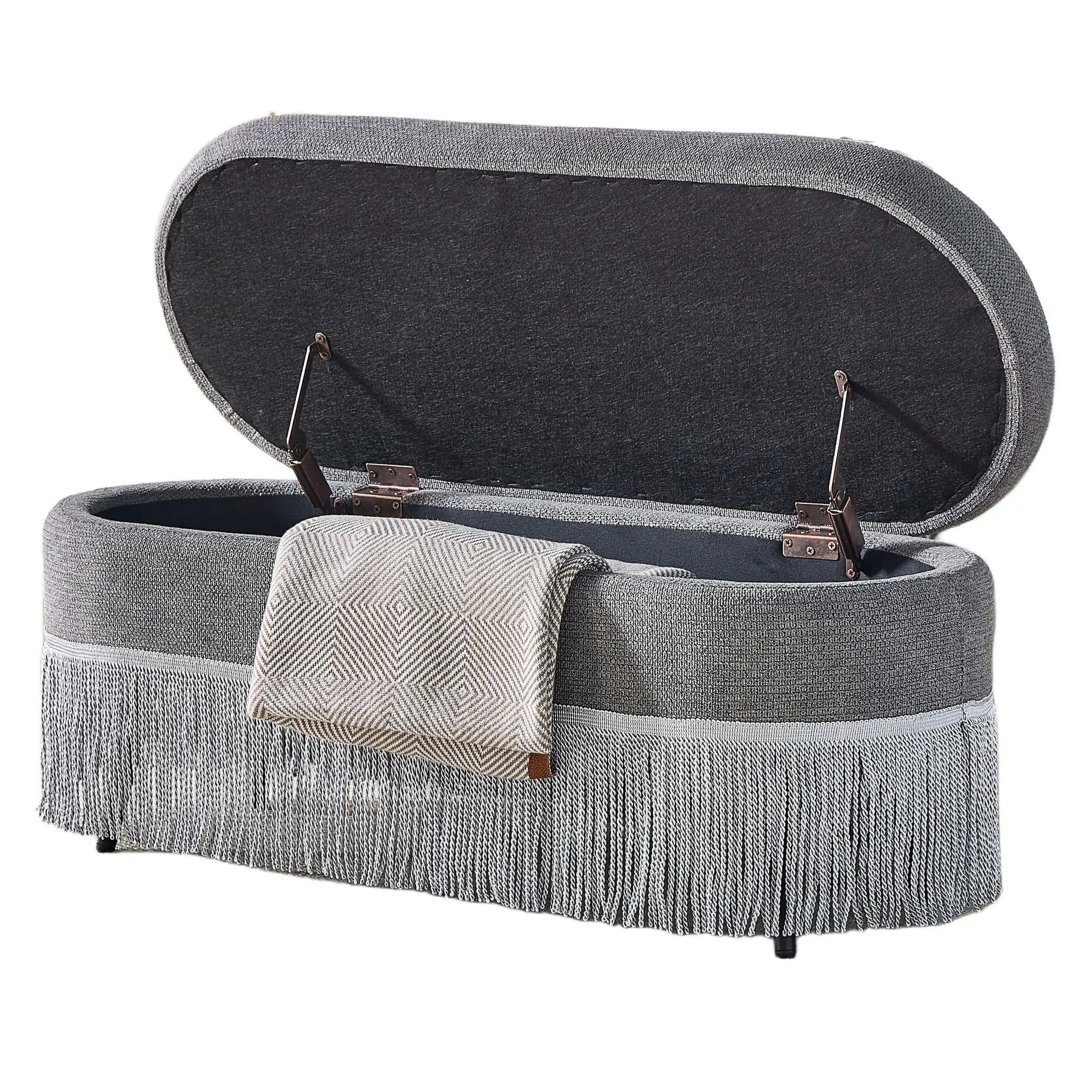 Oval Upholstered Storage Ottoman with Fringe Trim by HouseOfZazla