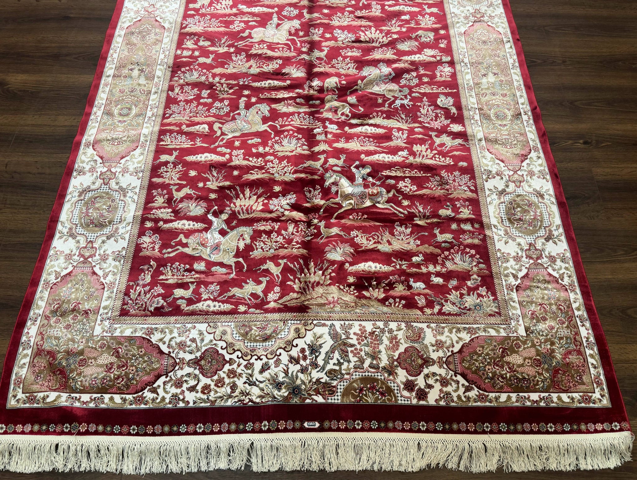Turkish Silk Hunting Scene Rug 5 x 7.6, Red & Ivory, Bamboo Silk, New by Jewel Rugs
