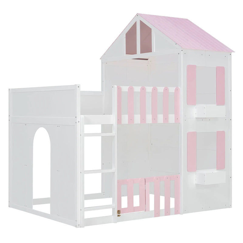 Full over Full House Bunk Bed with Storage - Pink, photo 8 of 10