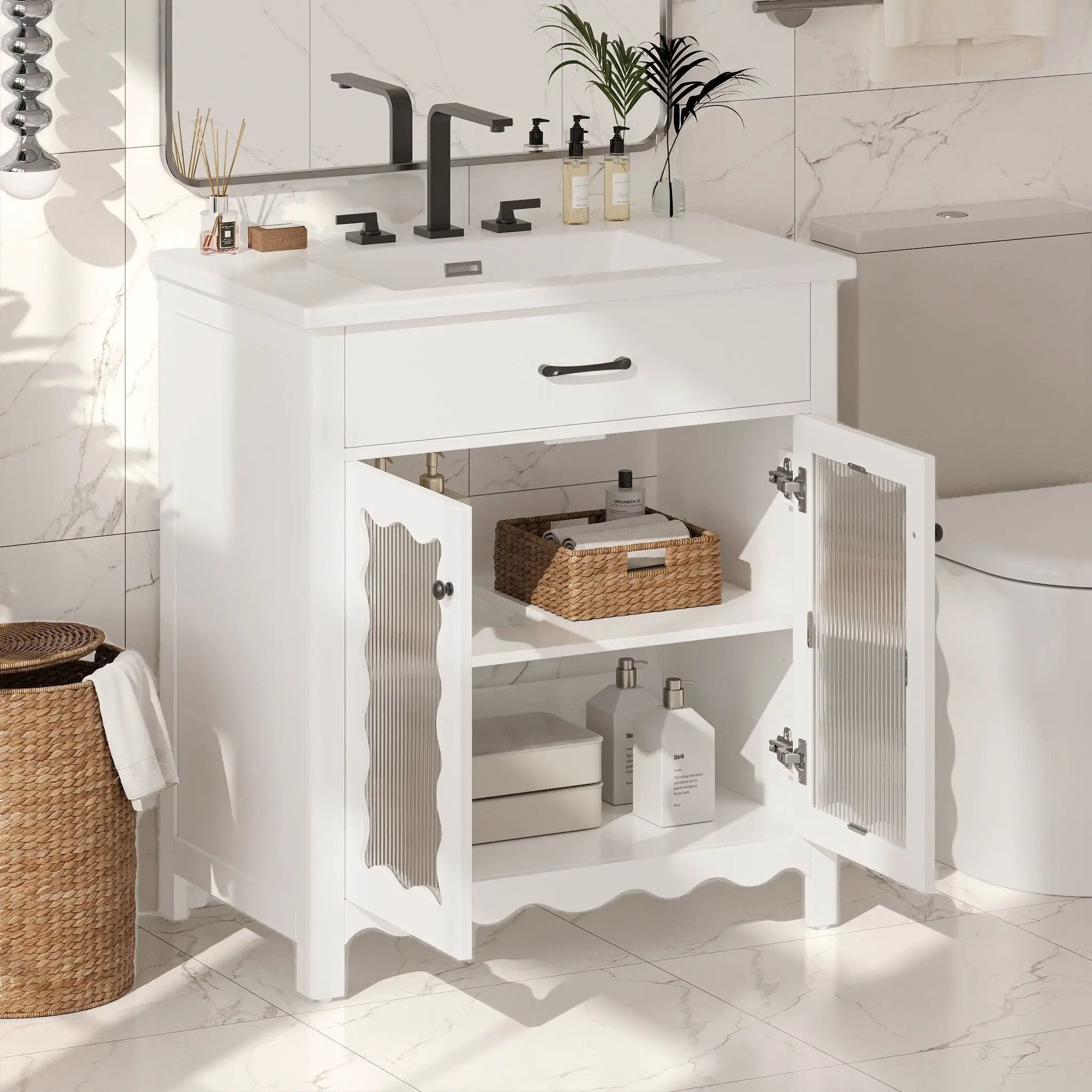 Modern Bathroom Vanity With Tempered Glass Doors
