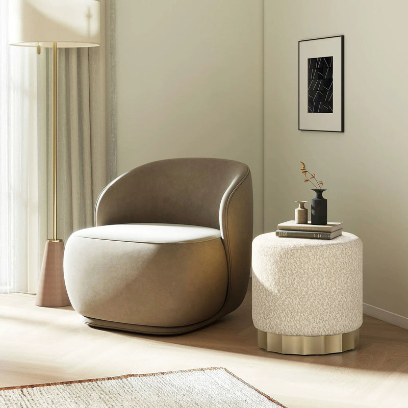 Hampton - Round Upholstered Ottoman With Scalloped Base - Speckled Egg Beige by Unique Piece Furniture