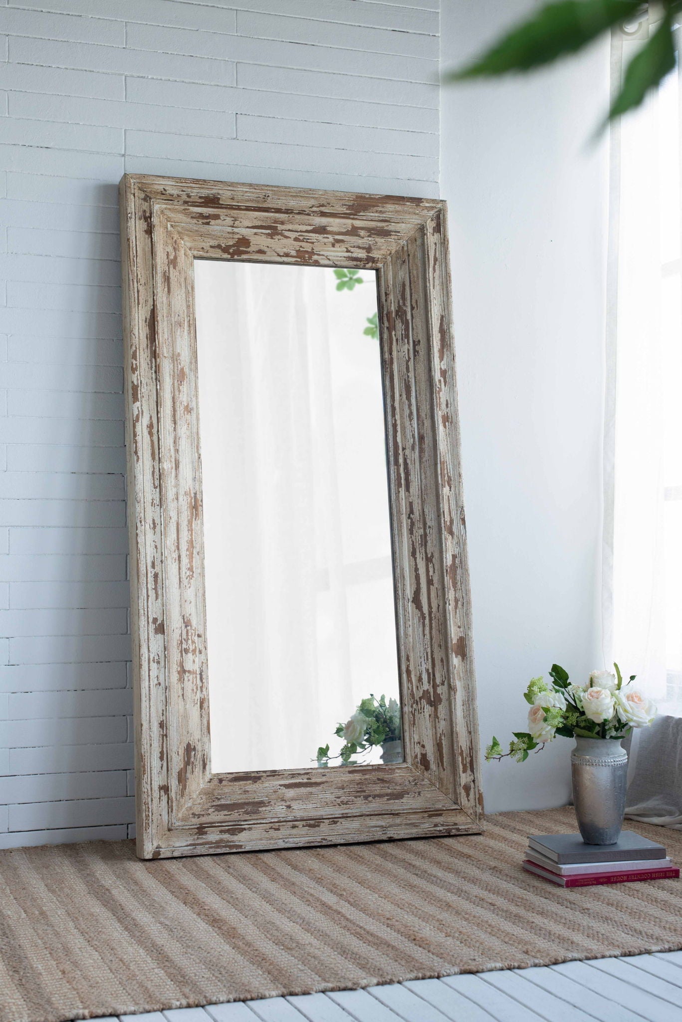 Full Length Rectangle Floor Mirror With Distressed Wood Frame - Brown by HouseOfZazla