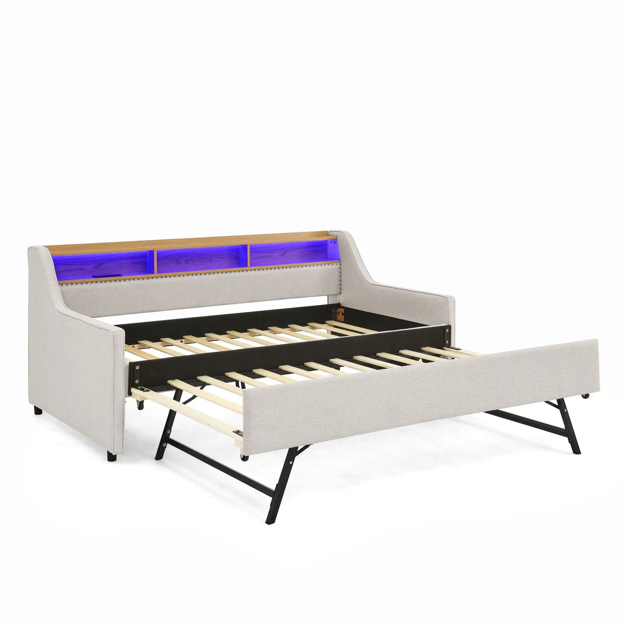 Upholstered Sofa Bed With LED Lights, Storage Headboard, Foldable Trundle & Wireless Charging by Unique Piece Furniture