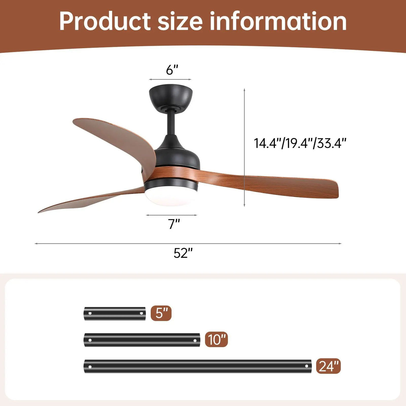 Ceiling Fan With 3 Blades, Remote Control, Reversible DC Motor, Noiseless Operation, 3 Downrods by Unique Piece Furniture