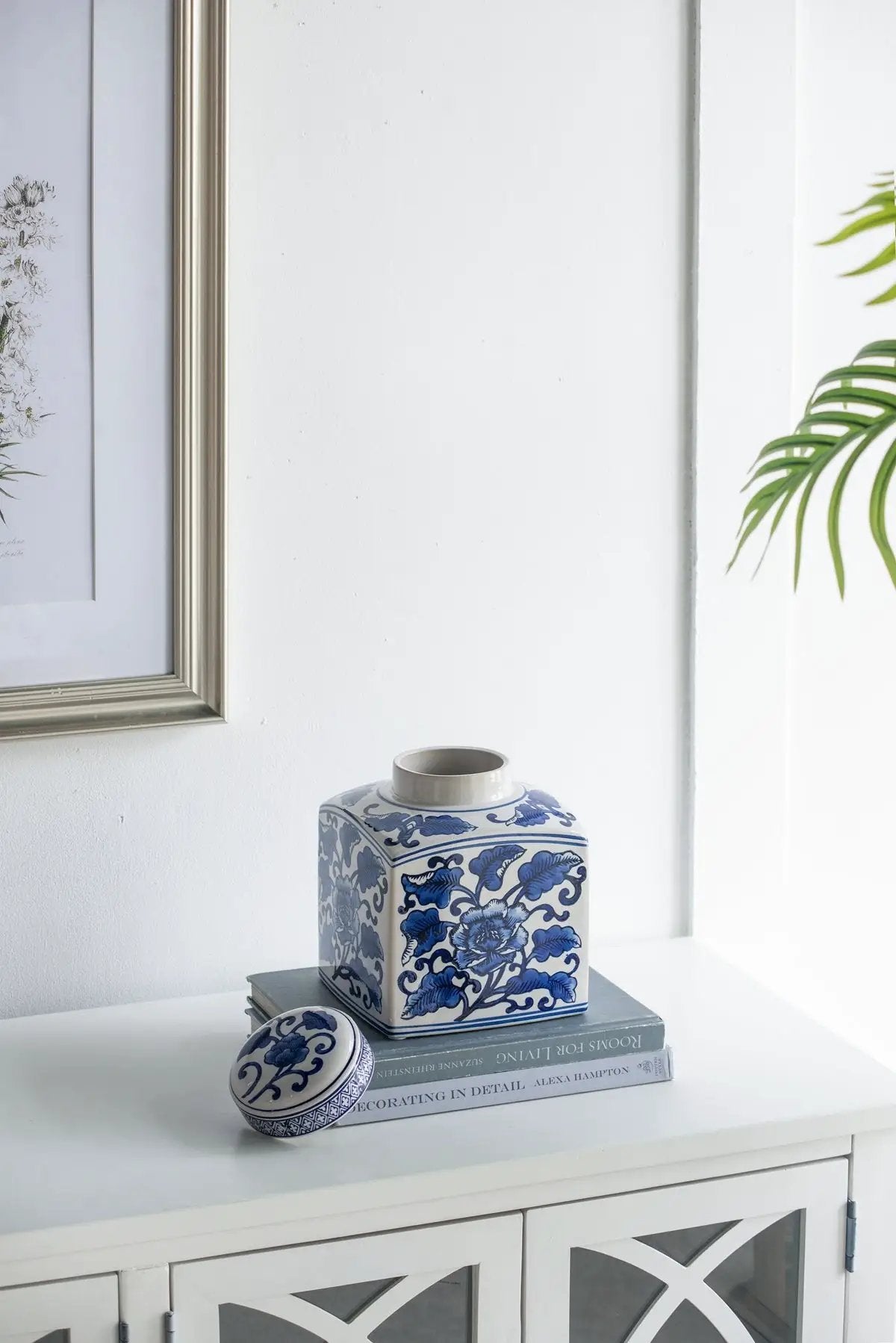 5x5x8' Hand Painted Square Canister with Blue and White Floral Pattern by HouseOfZazla