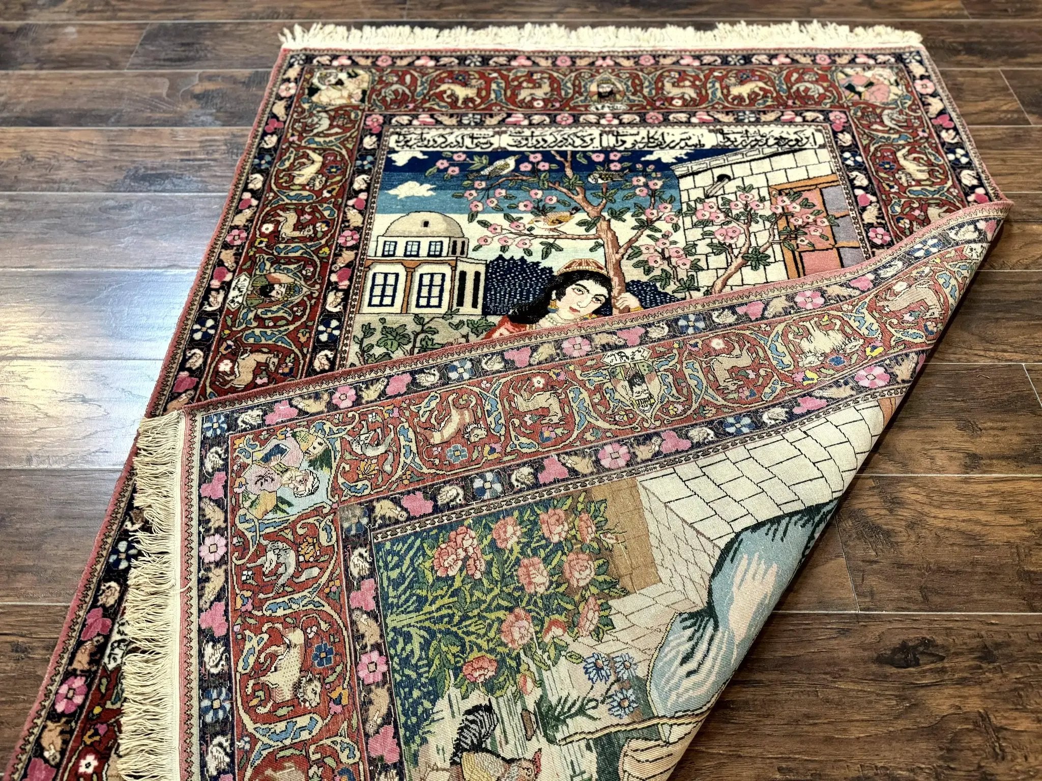Wonderful Persian Kashan Pictorial Rug 4.7 x 6.5, Persian Rug for Wall Hanging, Handmade Antique Wool Carpet Animal Motifs Poetry Lovers, 240 KPSI by Jewel Rugs