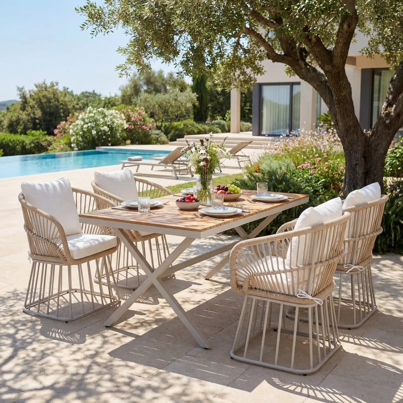 Outdoor 5-Piece Dining Set - Rectangular Teak Wood Table + 4 Wicker Chairs with Cushions by HouseOfZazla