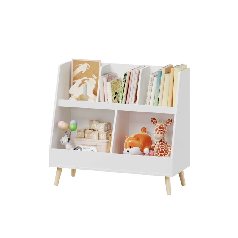 Kids Bookshelf And Toy Organizer, 5 Cubbies Wooden Open Bookcase, 2-Tier Baby Storage Display Organizer With Legs, Free Standing For Playing Room, Bedroom, Nursery, Classroom - White by HouseOfZazla
