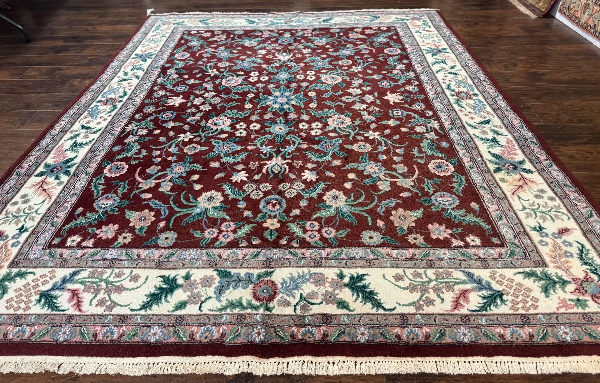 Indo Persian Rug 8x10, Red and Ivory, Floral Allover, Handmade Wool Area Rug by Jewel Rugs