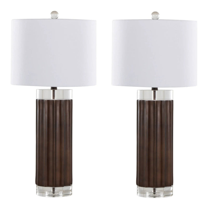 Cylinder - Fluted Contemporary Table Lamp (Set of 2) - Brown / Clear / White by HouseOfZazla