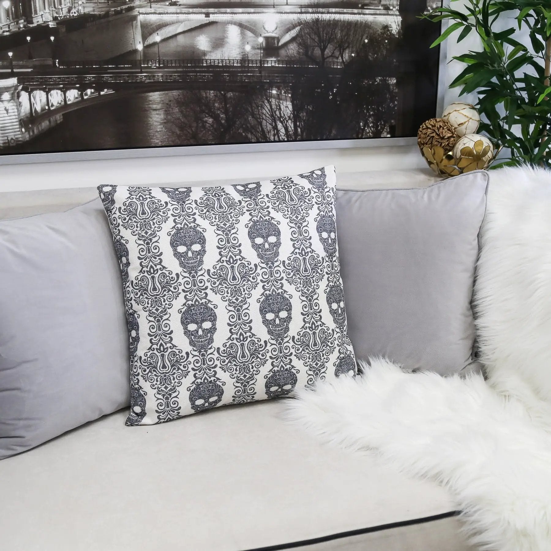 Gothic Damask Skull Throw Pillow by HouseOfZazla