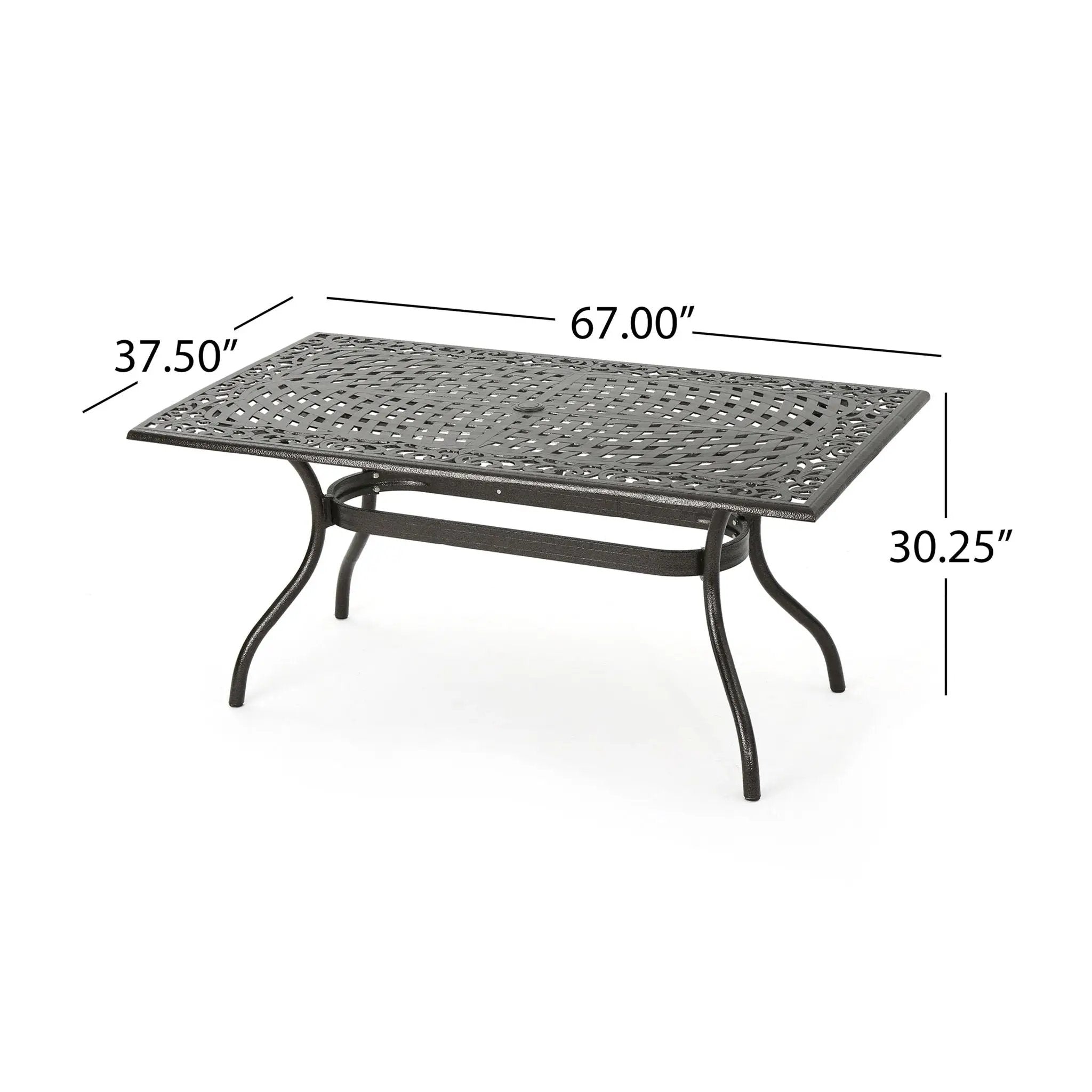 Celestine Outdoor Cast Aluminum Dining Table with Floral Lattice Design and Umbrella Holder by HouseOfZazla