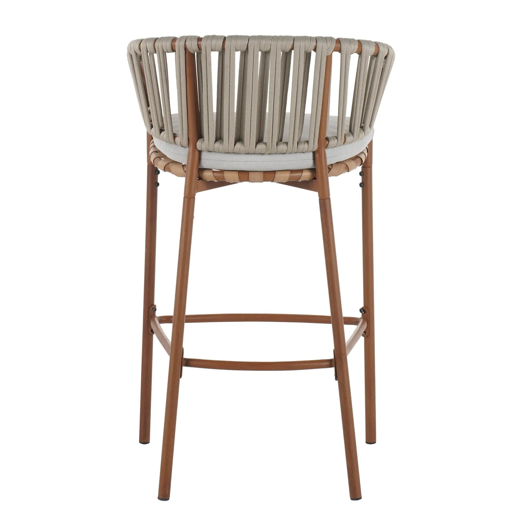 Lodi Outdoor Metal Rope Barstool, Teak Finished Frame and Beige Cushion, Set of 4 by HouseOfZazla