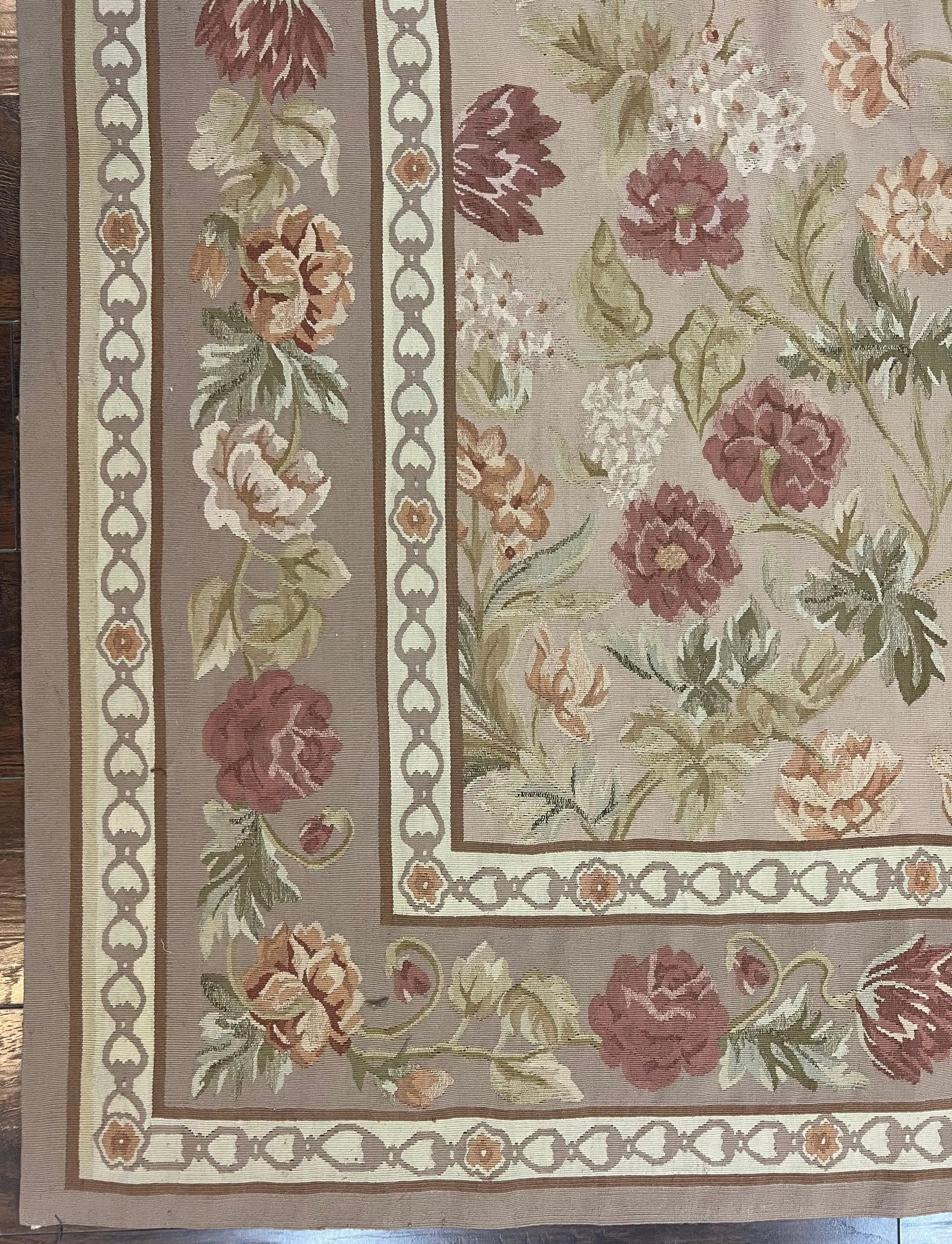 Aubusson Rug 9x12, Pink Beige Light Mauve, Handmade Allover Floral Roses, Wool Flatweave Carpet 9 x 12 ft, European French Design, Elegant by Jewel Rugs