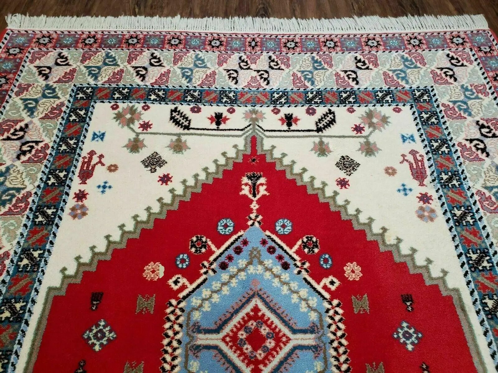 Vintage Moroccan Carpet 5x7 Area Rug, Berber Rug, Handmade Soft Wool Rug, Red Ivory and Blue, Geometric Medallion Rug, Bohemian Rug, Nice by Jewel Rugs