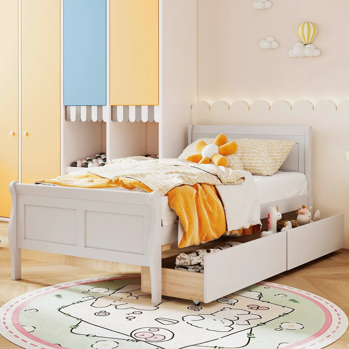 Twin Size Sleigh Bed with 2 Storage Drawers Wood Platform Bed Frame, photo 16 of 24