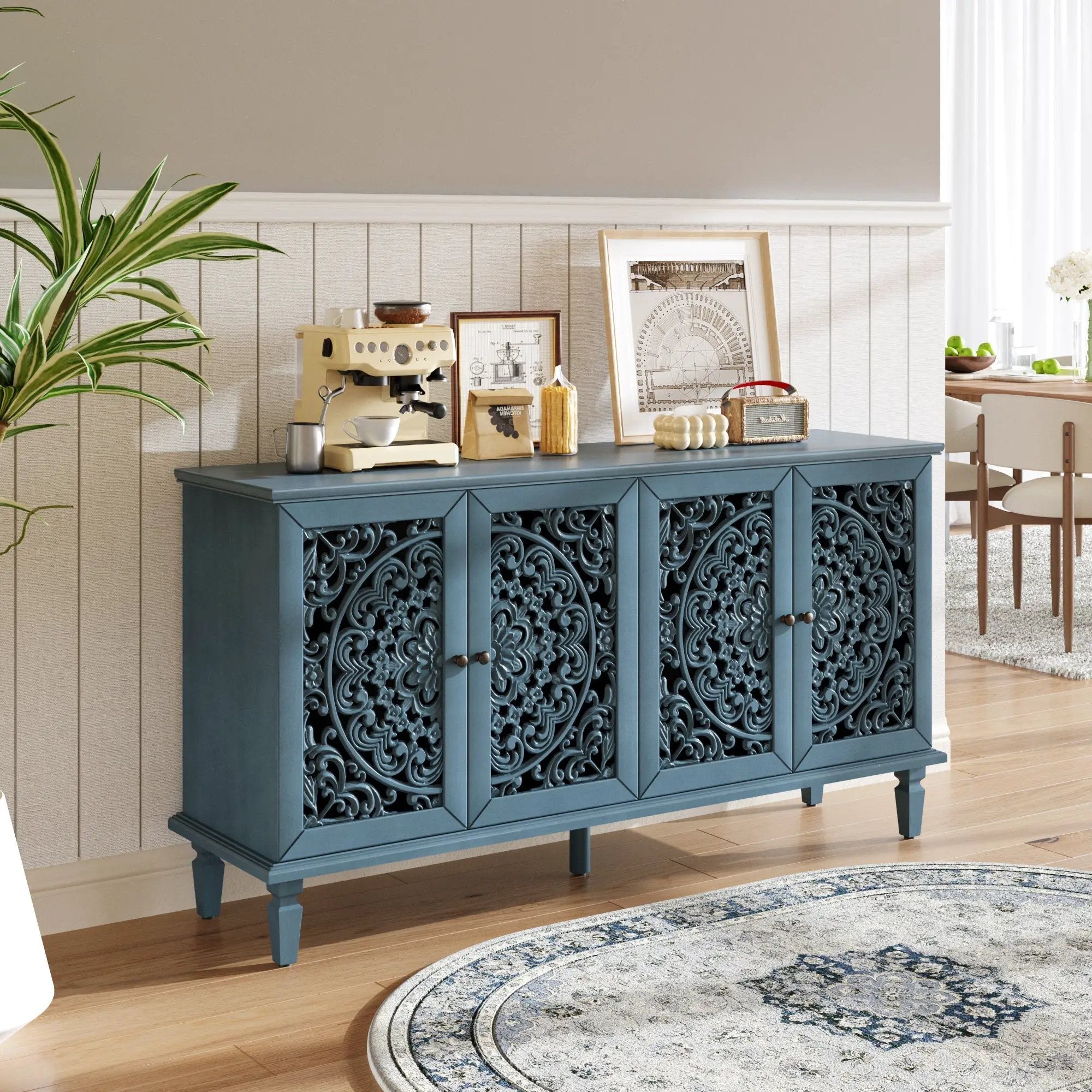 60" Antique Buffet Cabinet with Floral Carvings and Adjustable Shelves by HouseOfZazla