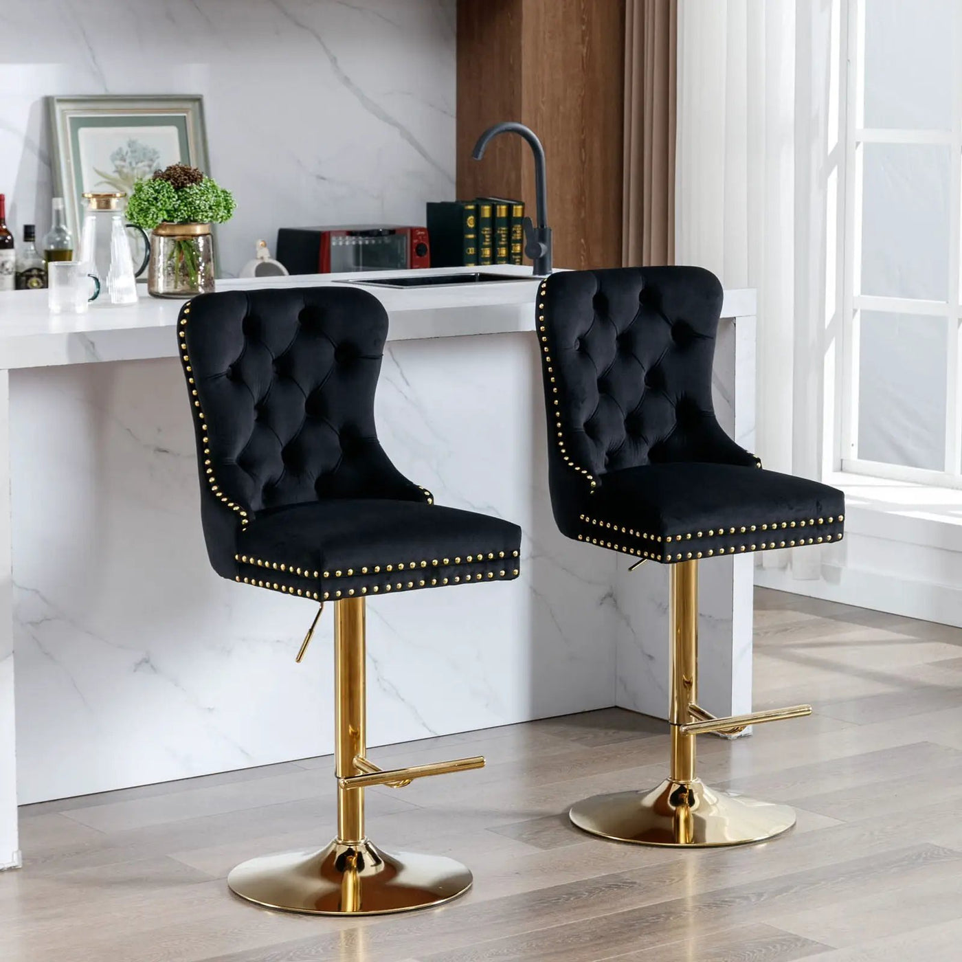 Thick Swivel Barstools Adjusatble Seat Height From 25-33", Modern Upholstered Bar Stools With Backs Comfortable Tufted For Home Pub And Kitchen Island (Set of 2) by HouseOfZazla