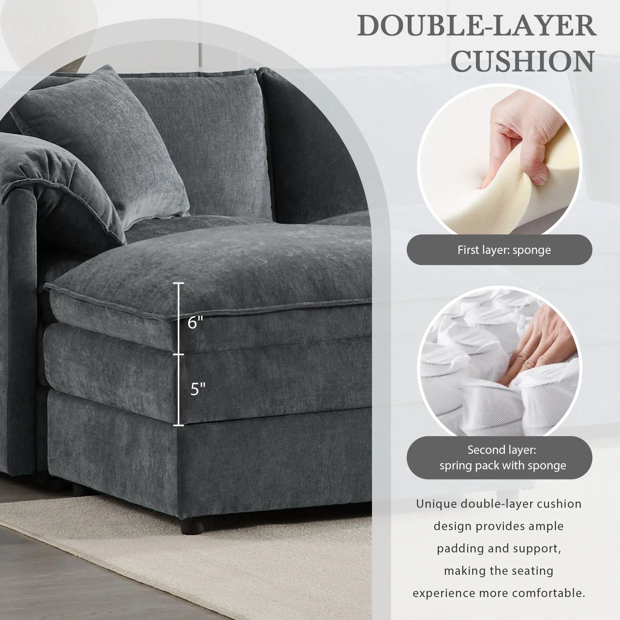 Modular Sectional With Deep And Wide Seat, Cloud Couch Set With Double Cushions Sofa With Movable Ottoman by HouseOfZazla