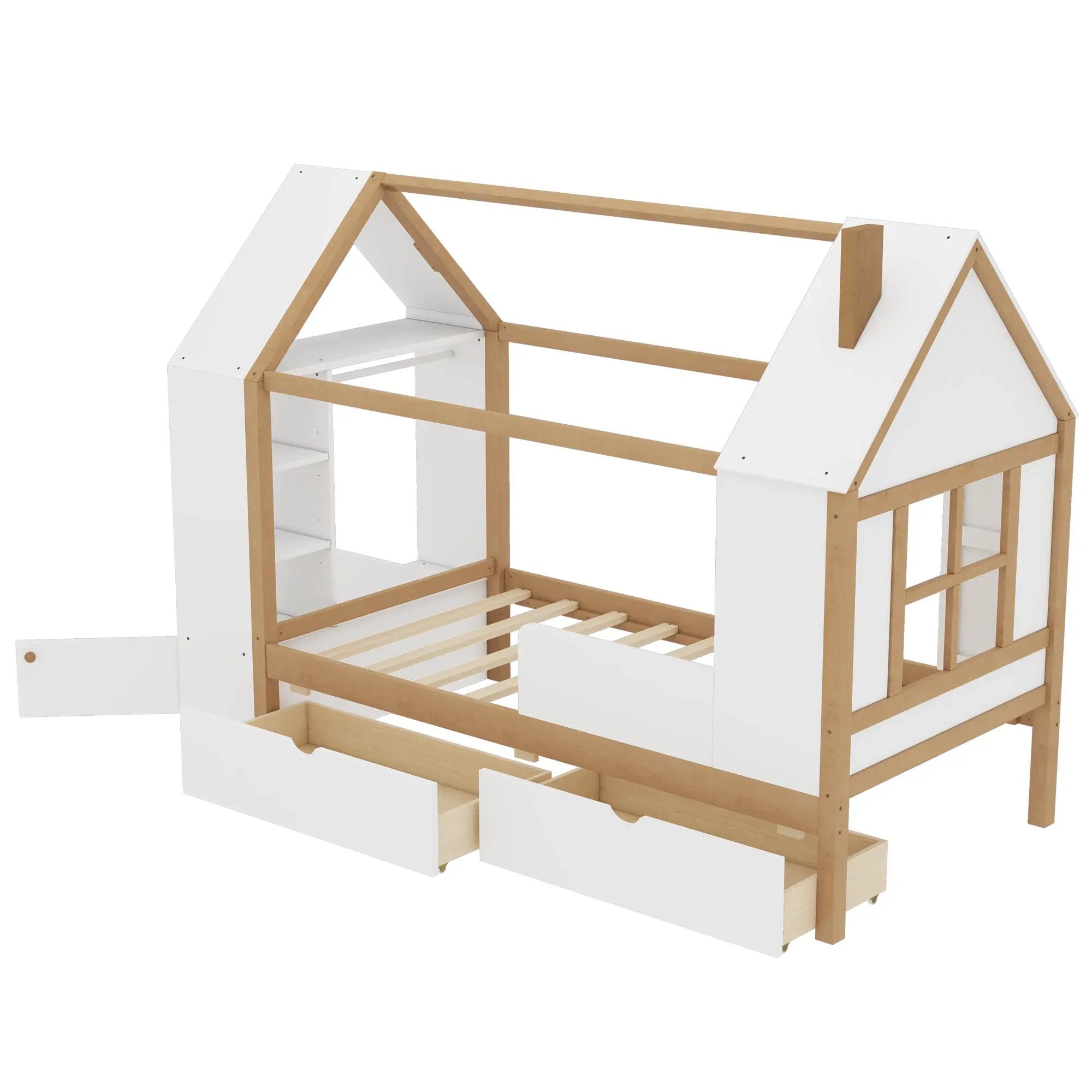Twin Size House Platform Bed with Drawers, Solid Wood House Bed with Shelves by HouseOfZazla
