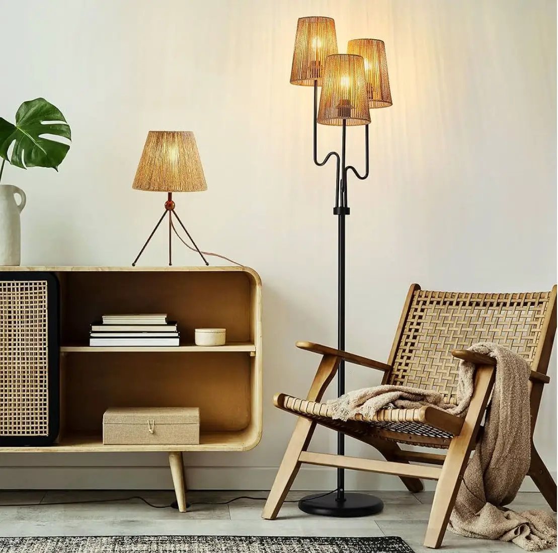 Boho Floor Lamp, 68in. Rattan Floor Lamp with Rattan Shade, 3 Light Tree Standing Lamp for Bedroom,Nursery, E26 Socket, Living Room Floor Lamp for Rus by Selzalot