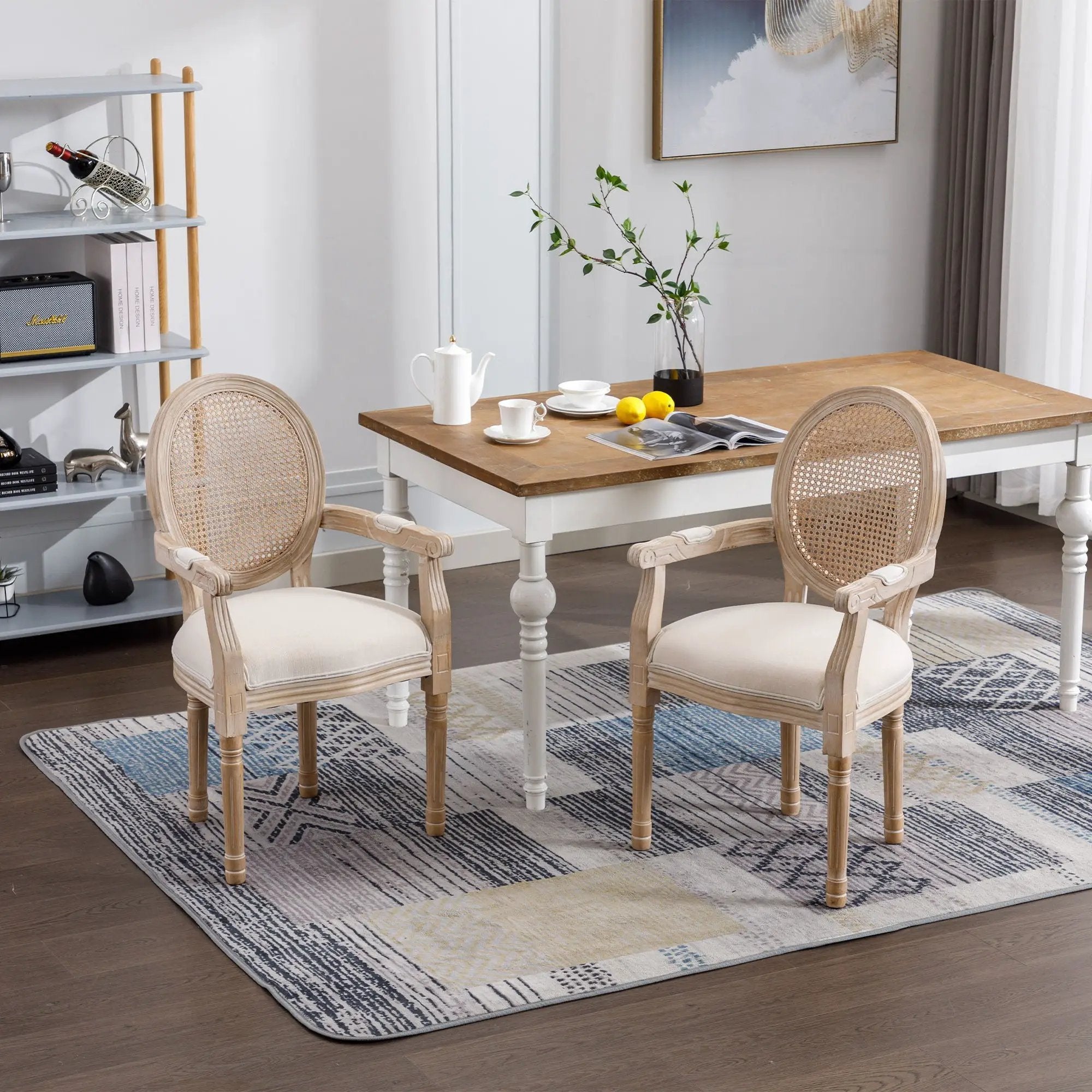 French Vintage Upholstered Fabric Dining Armchair (Set of 2) - Beige by HouseOfZazla